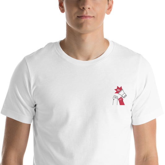 All Out Megaphone - Embroidered White Unisex T-Shirt